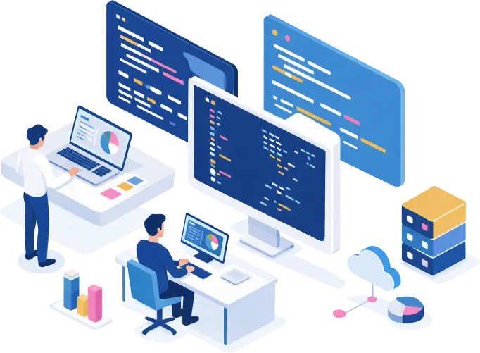 システム開発のアイソメトリックイラスト